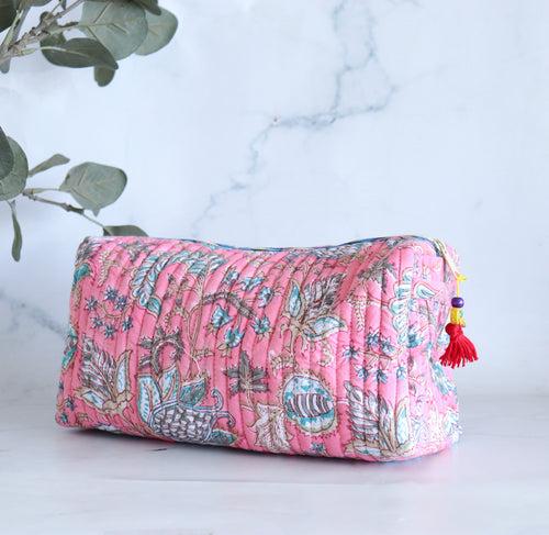 Medium Cosmetic bag - Makeup bag - Block print fabric travel pouch- Pink Rose Vines