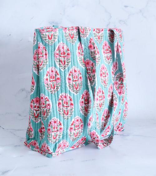 Block print tote bag - Boho quilted women's bags - Women's handbag - Turquoise Ditsy