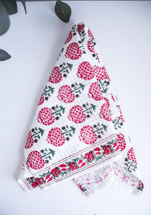 Set of 2 waffle kitchen towels - Block print dish towels - Tea towels - Red pomegranates