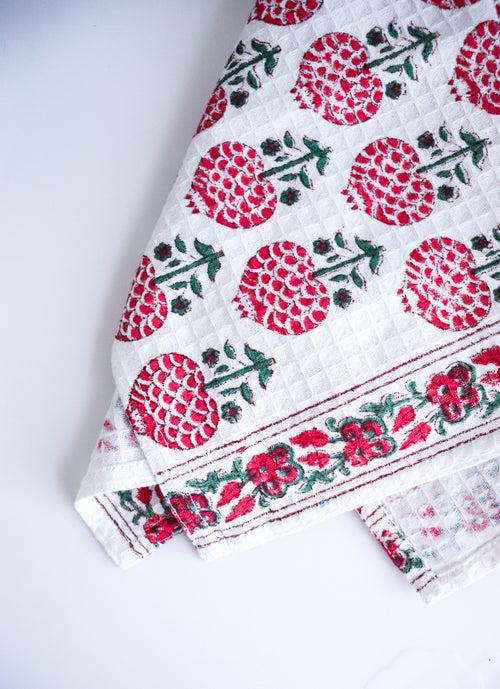 Set of 2 waffle kitchen towels - Block print dish towels - Tea towels - Red pomegranates