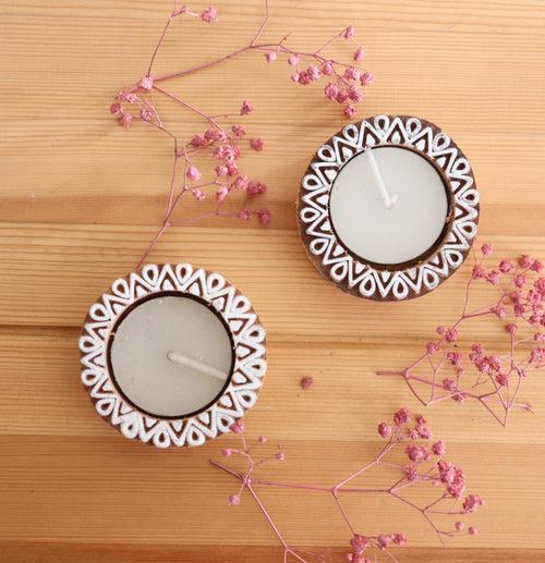 Small Wood Block Carved set of two tea light holders - Handcrafted Block print inspired tea lights - Rose
