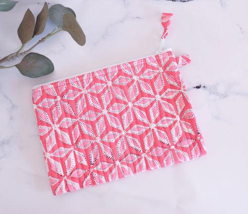 Block print Flat zip wallet - Quilted pouch- Cosmetic pouch for bags