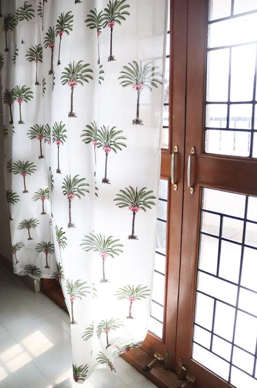 Palm tree block print curtains - Sheer Mul curtains - Cotton voile curtains