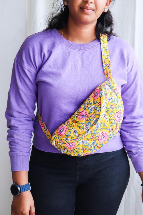 Block print belt bags - Fanny pack for women and girls - Yellow Trellis