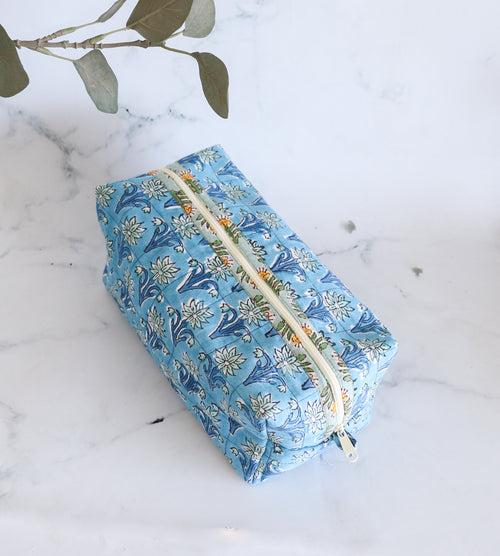 Boxy cosmetic pouch - Travel make up kit - Blue ditsy