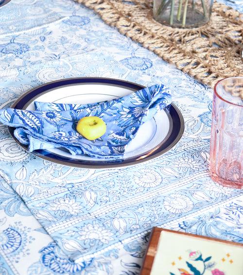 Light Blue floral placemats - Block print placemats - Table mats set of 6 - 13x19 inches