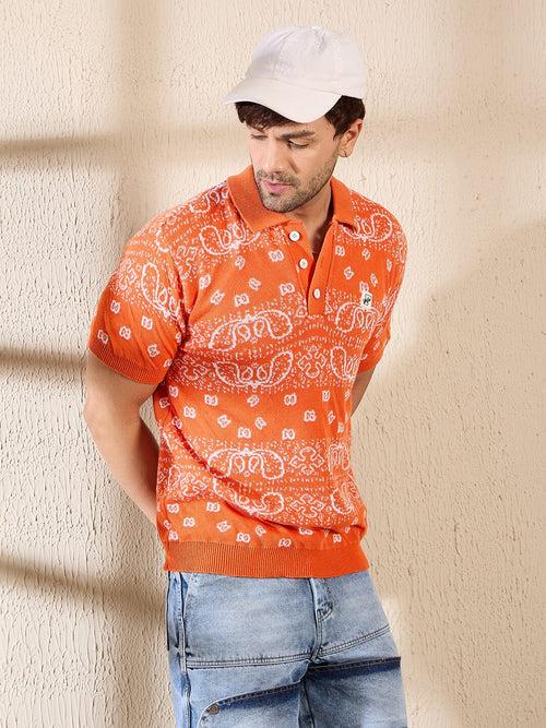 Orange Paisley Knitted Polo Tshirt