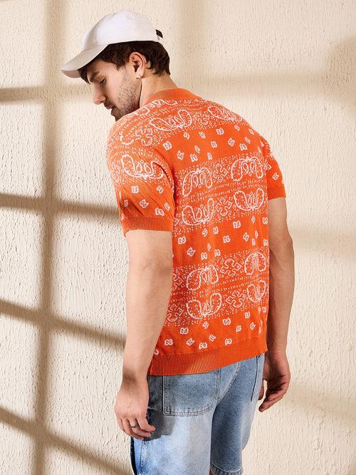 Orange Paisley Knitted Polo Tshirt