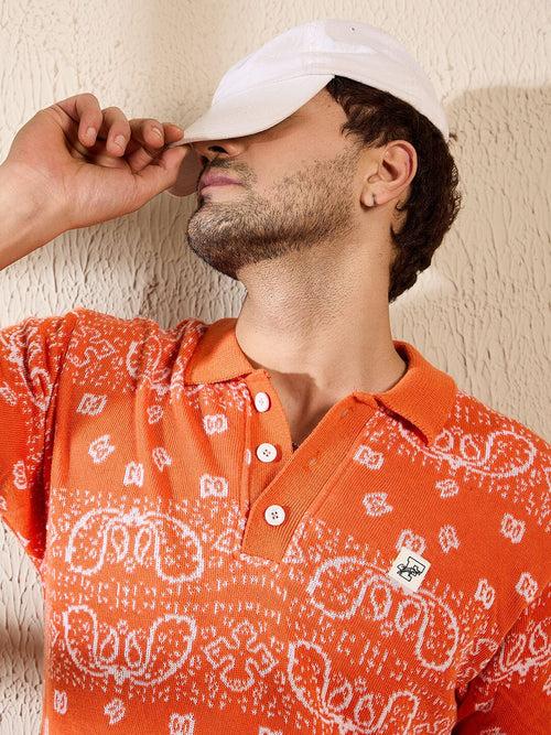Orange Paisley Knitted Polo Tshirt