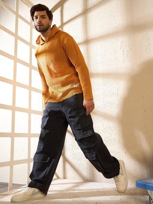 Mustard Sheer Longsleeves Hooded Tshirt