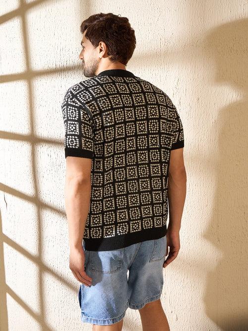 Black Geometrical Knitted Crochet Shirt