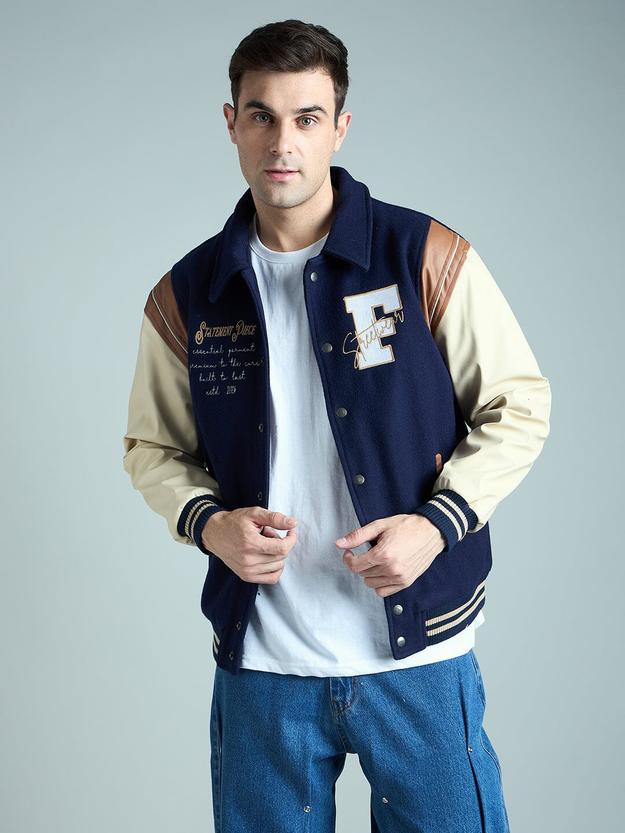 Navy Statement Woollen Varsity Jacket