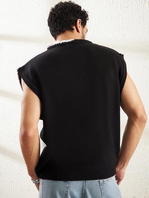 Black Sleeveless Sweater With Contrast Crochet