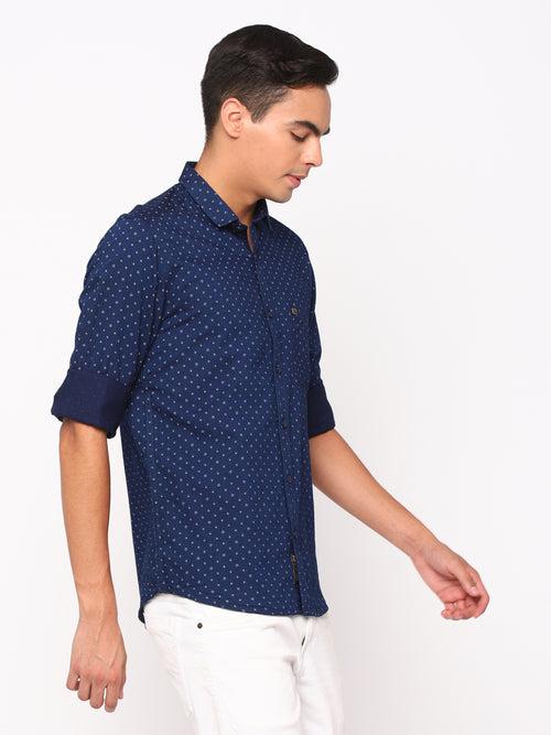 Slim Fit Dark Blue Printed Shirt