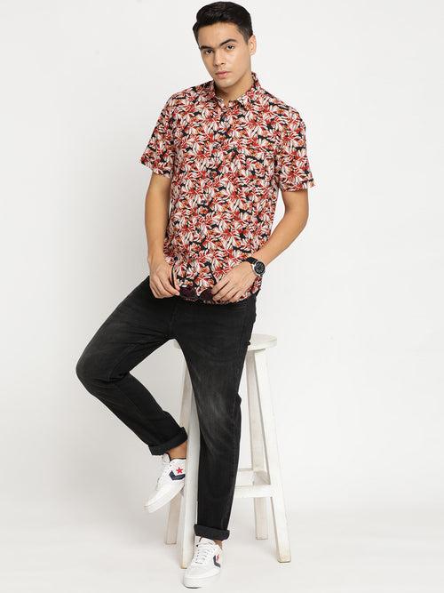 Slim Fit Black Printed Shirt Half Sleeve