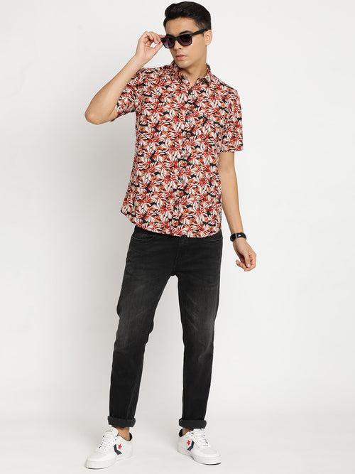 Slim Fit Black Printed Shirt Half Sleeve