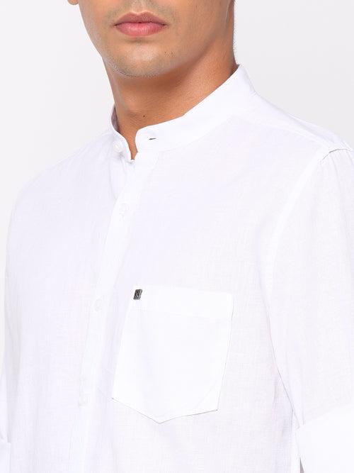 Slim Fit Cotton Linen Plain White Mandarin Collar Shirt