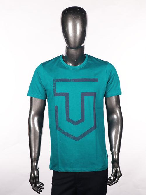 Slim Fit Aqua Blue T-Shirt with Chest Print