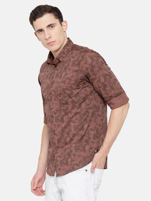 Slim Fit Brown Floral Printed Smart Shirt