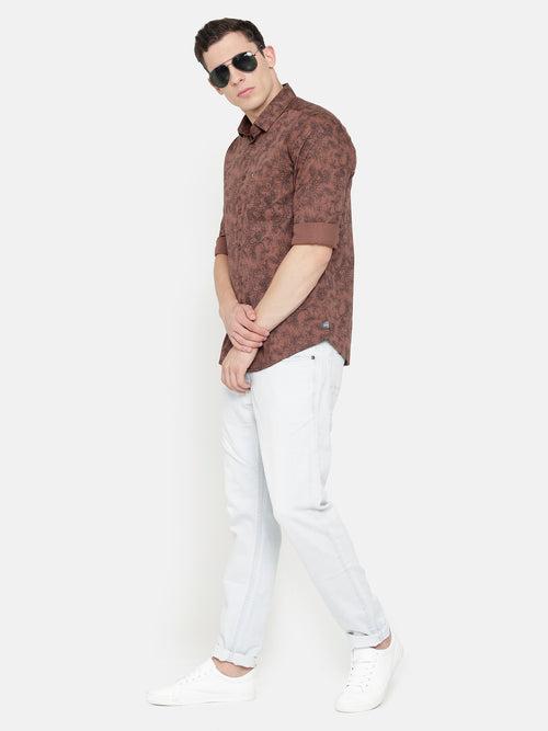 Slim Fit Brown Floral Printed Smart Shirt