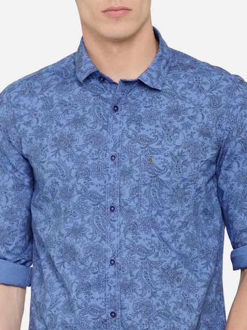 Slim Fit Blue Shirt with Floral Print