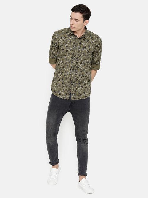 Slim Fit Olive Printed Shirt