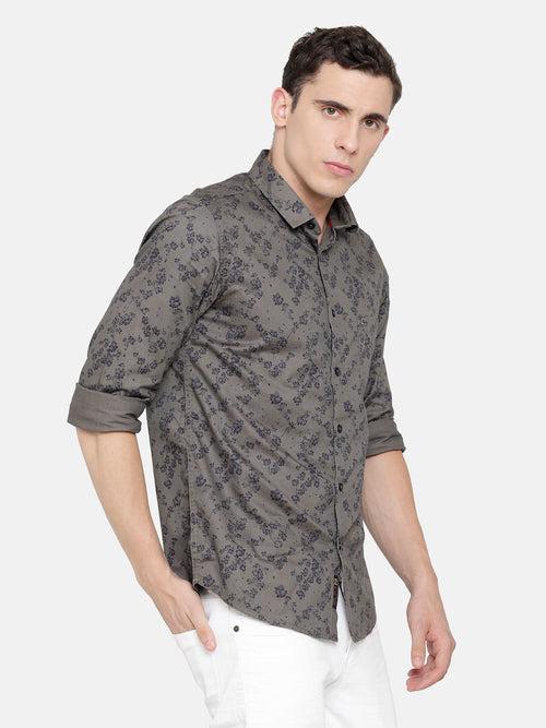Slim Fit Dark Grey Printed Shirt