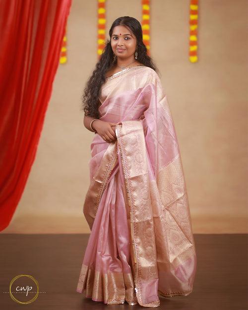 Pink Tissue Saree With Golden Border And Lace