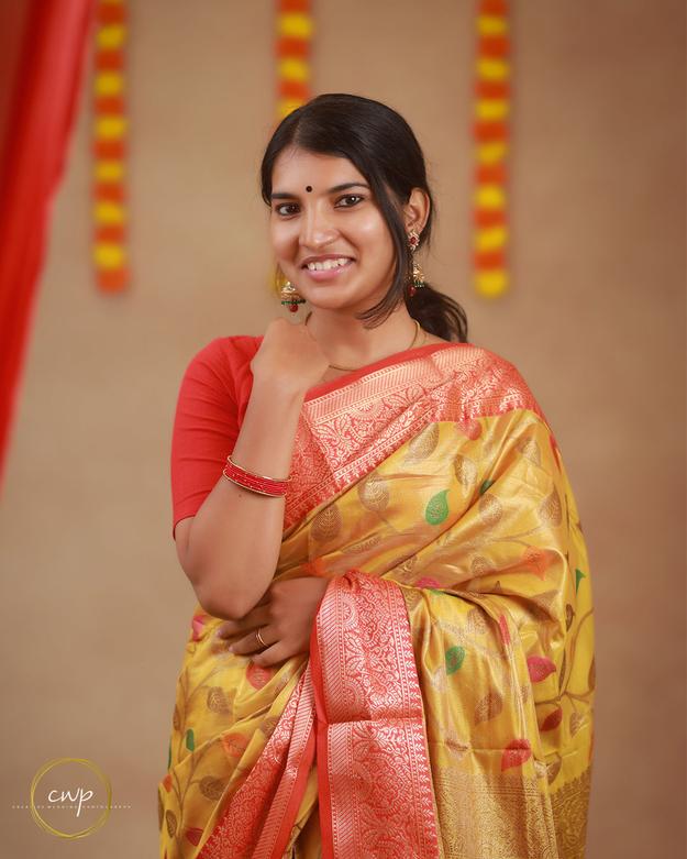 Yellow Banarasi Saree with Red Border