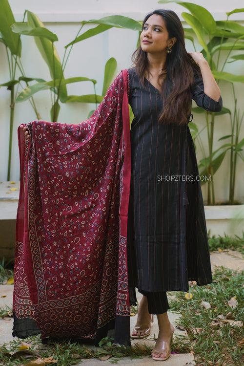 Black Stripes Wrap Kurta Set With Dupatta