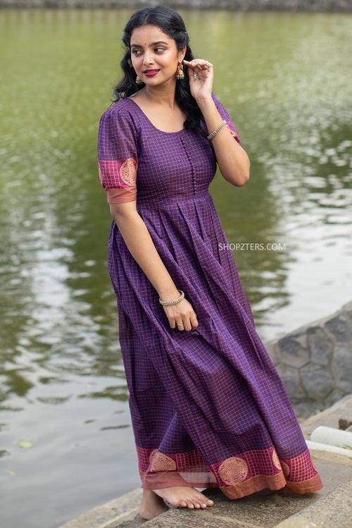 Purple Checks Handloom Maxi Dress