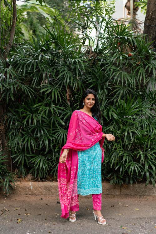 Turquoise & Pink Warli Hand Block Printed Suit Set