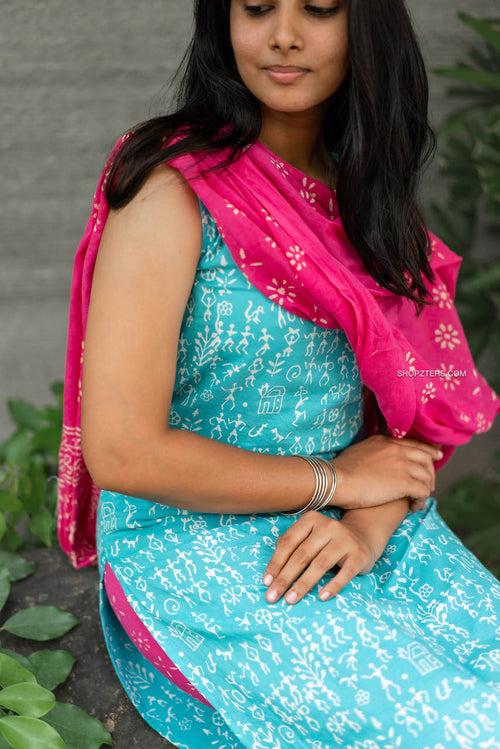 Turquoise & Pink Warli Hand Block Printed Suit Set