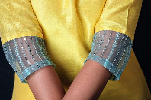 Yellow Soft Raw Silk Co-ord Set With Ocean Blue Detail