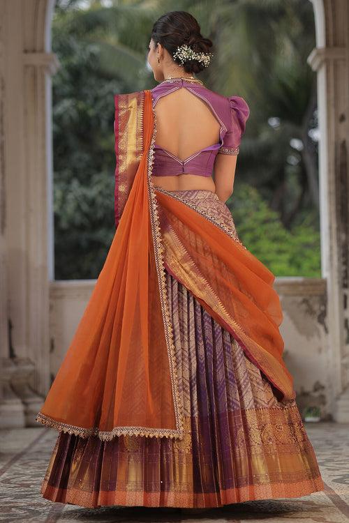 Lavender And Orange Banarasi Silk Lehenga