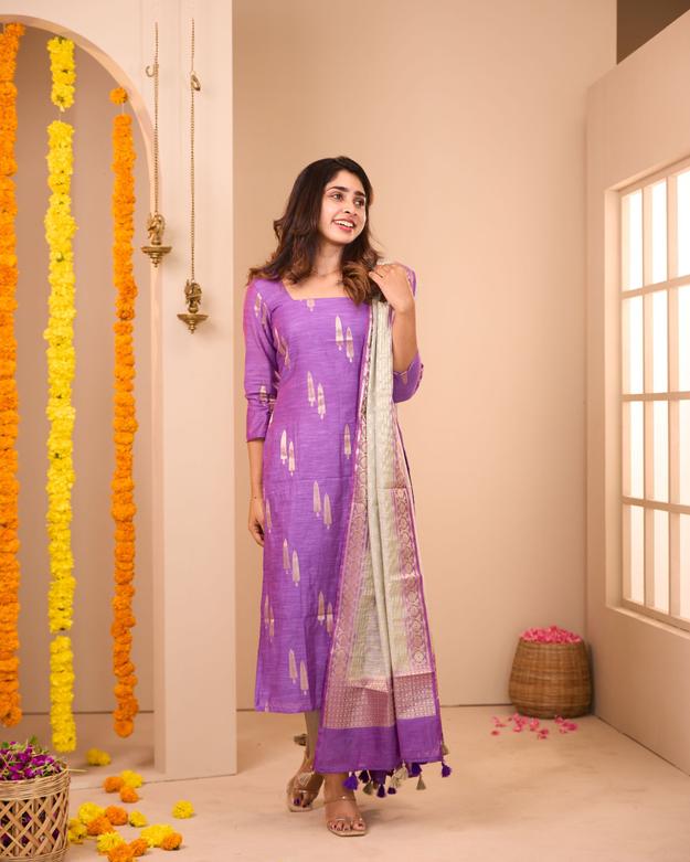 Adithi Purple Soft Semi Banaras Suit Set