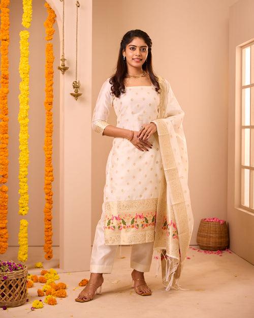 Annam White Semi Banaras Suit Set