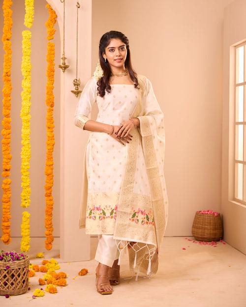 Annam White Semi Banaras Suit Set