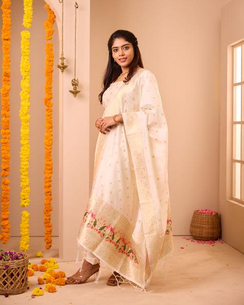 Annam White Semi Banaras Suit Set