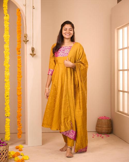 Anjana Yellow Brocade Patch Suit Set