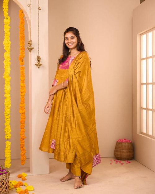 Anjana Yellow Brocade Patch Suit Set