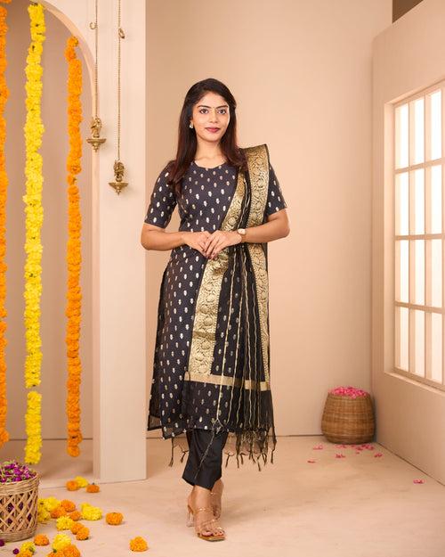 Black Semi Banarasi Suit Set