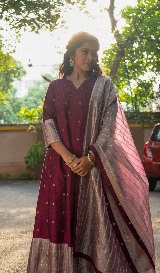 Rich Burgundy Dupion Silk Anarkali