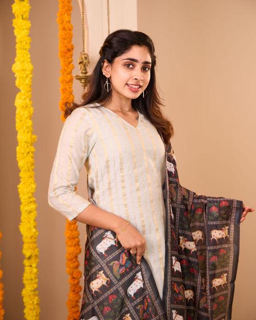 Grey Banaras Suit Set With Pichwai Prints