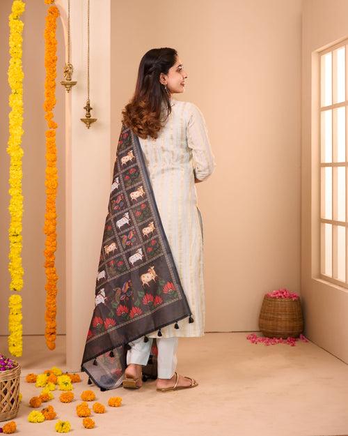 Grey Banaras Suit Set With Pichwai Prints