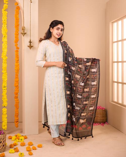 Grey Banaras Suit Set With Pichwai Prints