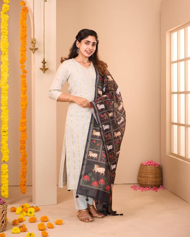 Grey Banaras Suit Set With Pichwai Prints