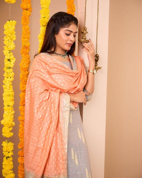 Grey-Orange Soft Semi Banaras Suit Set