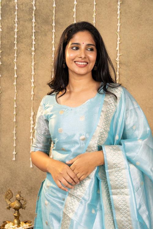 Light Blue Gold Polka Kurta With Dupatta