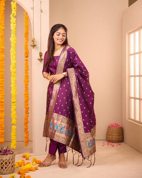 Annam Magenta Semi Banaras Suit Set